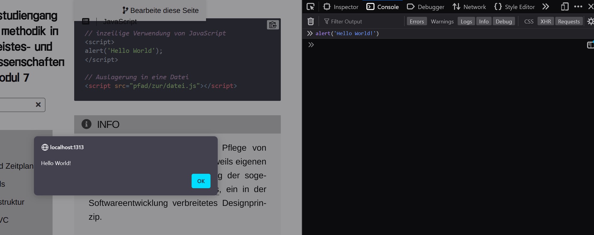 Screenshot: Ausführen eines alert-Scripts über die Browserkonsole (Firefox Developer Edition)